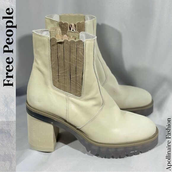 FREE PEOPLE JAMES CHELSEA LEATHER BOOTS IN ICE SIZE 41 NWT CHUNKY HEELS - Picture 3 of 7